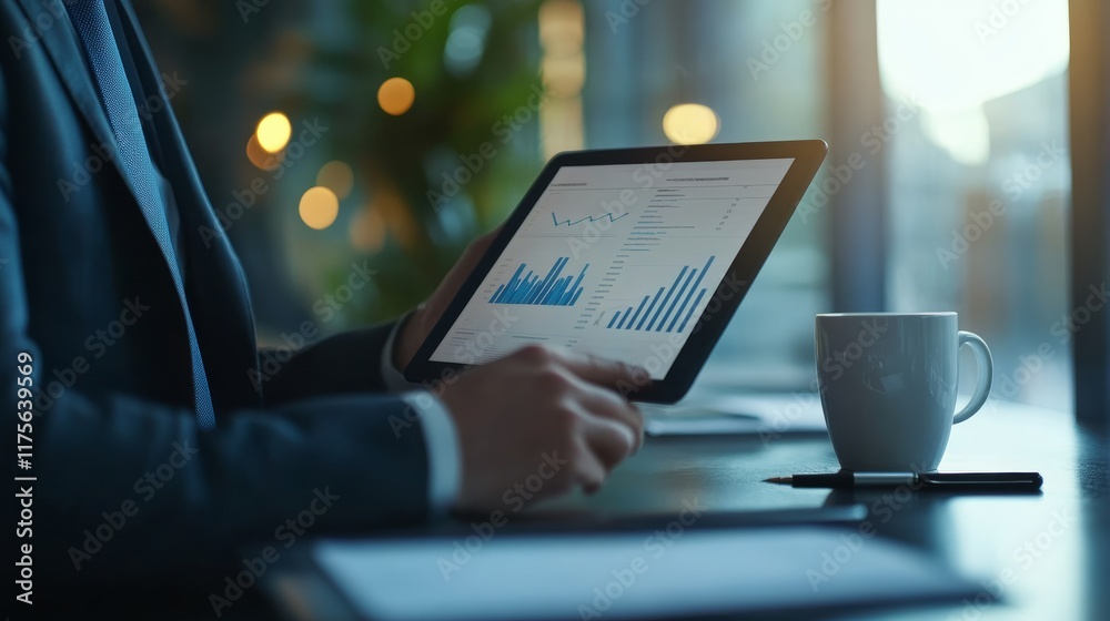 Poster Businessman is holding a tablet displaying financial charts and graphs, indicating data analysis and business strategy development in a modern office environment