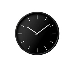 A minimalist black wall clock featuring white hands and hour markers. The simple design creates a modern aesthetic, suitable for contemporary spaces. Isolated on transparent background, png