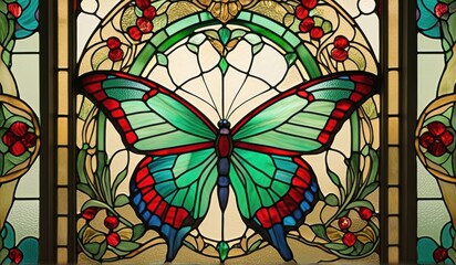 A vibrant stained glass butterfly, its wings a kaleidoscope of blues, greens, and reds, bathed in warm light.