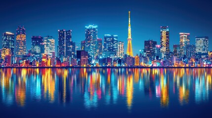 Fototapeta premium Tokyo Nightscape: Vibrant City Skyline Reflected in Calm Waters
