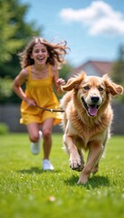 Girl in a yellow dress joyfully running with a golden retriever dog in a sunny garden, dog pulling on the leash