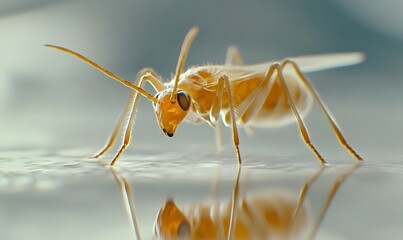 Close-up of a pale yellow ant reflected on a smooth surface.