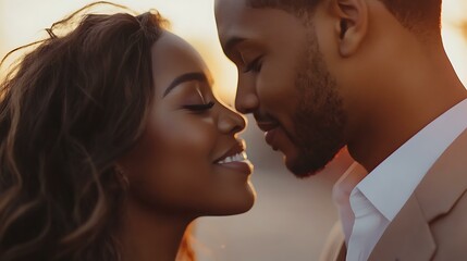 Intimate close-up of a couple kissing and smiling lovingly at each other, with a gentle coral background creating a romantic atmosphere