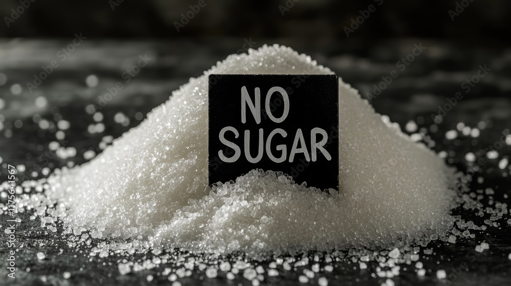 Poster conceptual image representing sugar reduction and dangers of excessive sugar consumption, promoting 