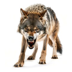 Obraz premium Eurasian wolf showing its teeth while snarling aggressively on a white background
