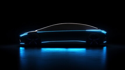 Sleek car profile with neon blue trim on black.
