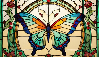 A vibrant stained glass butterfly, its wings a kaleidoscope of blues, greens, and reds, bathed in warm light.