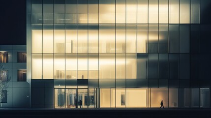 Illuminated modern glass building at night, person walking past.