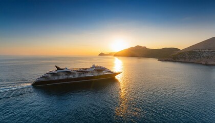 As warm, golden sun rose over tranquil, azure waters, passenger vessel embarked on its summertime vacation journey, offering a wide-angle view of breathtaking coastal landscape