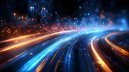 Background texture: Speed ​​of light stripes moving on black background. Abstract technological background with bright blue light and dynamic stripes.