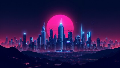 Futuristic neon city skyline illuminated by a vibrant pink sunset