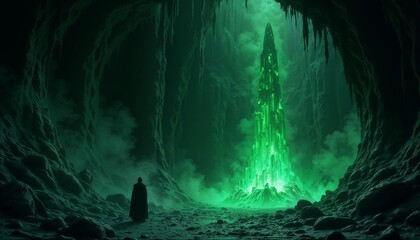 Enigmatic figure standing before crystalline green formation in dark cave