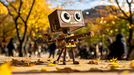 Wooden toy robot in autumn park.