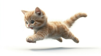 Obraz premium Adorable ginger kitten leaping playfully against a white background. (1)
