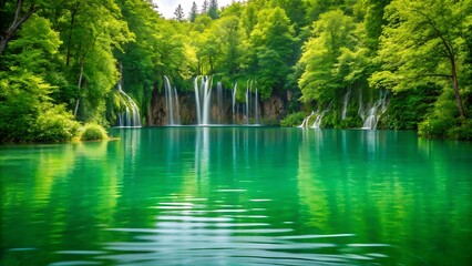 Serene Green Waterfall Lake Surrounded by Lush Forests and Crystal-Clear Waters in a Peaceful Environment