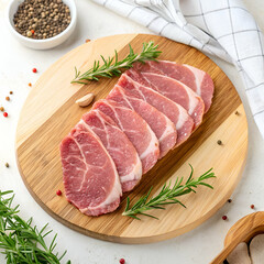 Fototapeta premium Fresh Pork Chops Ready for Cooking on Wooden Board