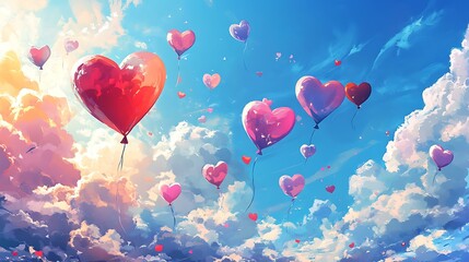 Fototapeta premium Heart-shaped balloons in various colors soaring through a bright sky with subtle clouds, perfect for a Valentine's Day poster or banner