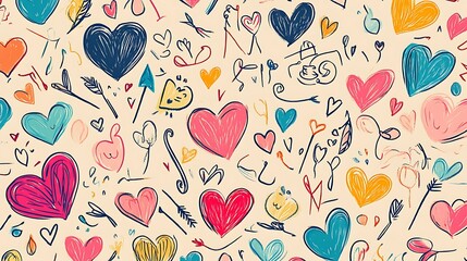A background full of sweet love doodles, including hearts, cupids, and arrows, drawn in bold, colorful lines against a neutral backdrop