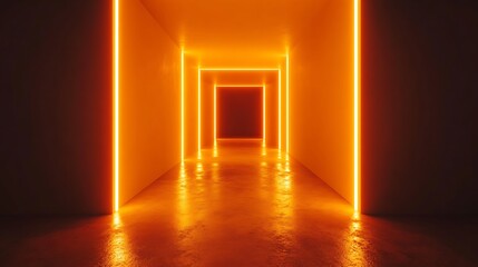 Orange Neon Lights Illuminate a Long Corridor