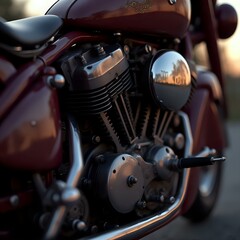Obraz premium A close-up photo of a maroon motorcycle focusing on the engine, with reflections visible in the chrome of the engine and a blurred background.