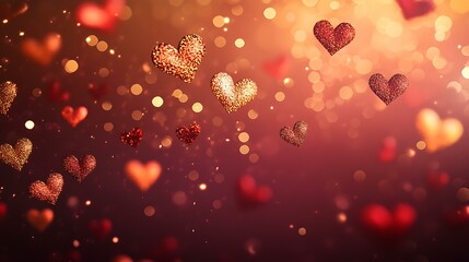 Gradient background with a cascade of hearts and golden accents, creating a romantic composition