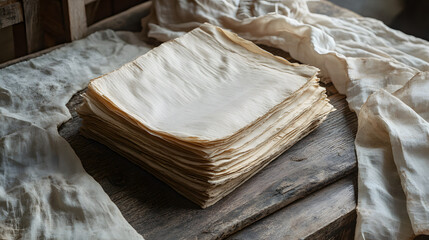Stack of natural off-white cotton paper sheets on a wooden surface