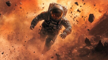 Astronaut amidst asteroid field explosion, space debris.