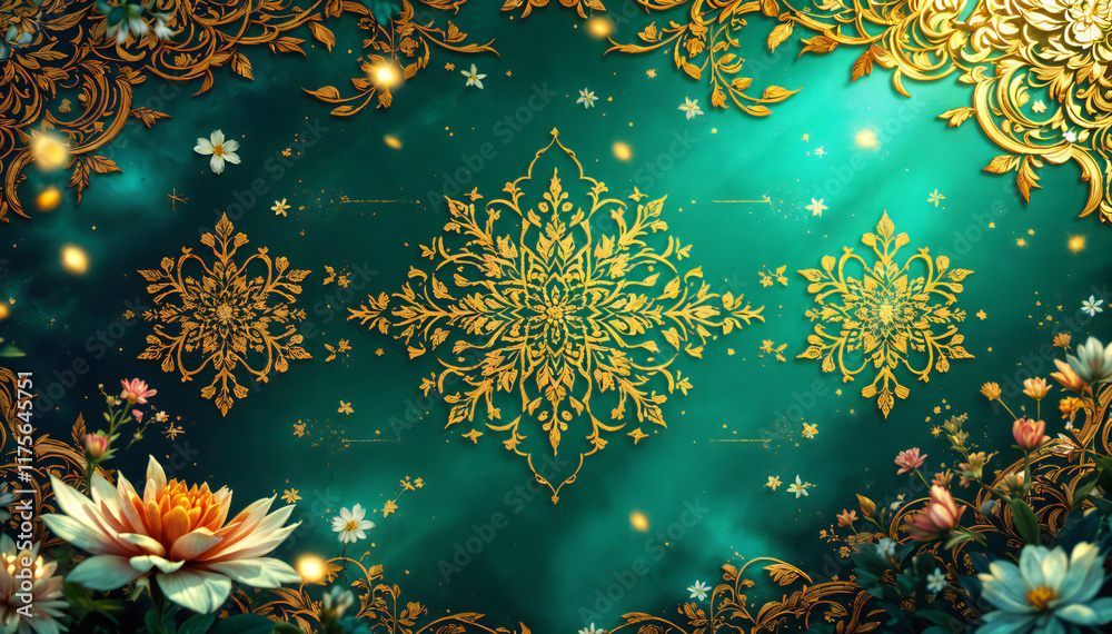 Wall mural a repeating pattern featuring intricate floral and star motifs in gold colors. the design includes s