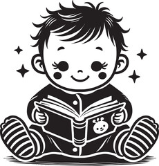 Cute little baby reading book silhouette vector illustration isolated on a white background