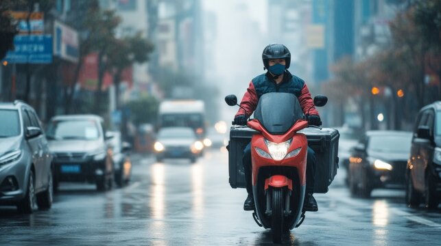 Food delivery drivers navigating urban roads to deliver online orders during epidemic impact, showcasing modern contactless shopping solutions and e-commerce logistics amid safety precautions