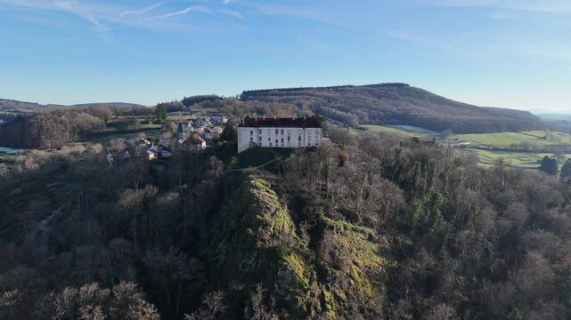 Larochemillay village in Burgundy, France in winter with forests, hills and meadows