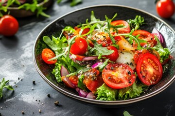 Gourmet fusion food served with style, combining unexpected flavors and vibrant colors on a modern ceramic dish