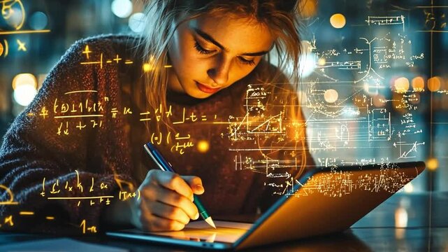Focused Student Solving Equations:  A young woman intensely focused on solving complex mathematical equations on her laptop, illuminated by the glow of the screen and surrounded by glowing equations. - Powered by Adobe