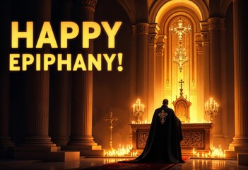 Church Interior with Priest and "Happy Epiphany" Text.Religious event banner for Epiphany celebration and prayers.Inner strength, faith, and spiritual transformation. black robe near altar with cand

