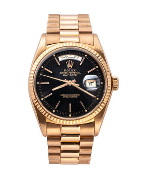 Rolex watch, Day date model. Self-winding watch, rose gold case, year 1970. Isolated transparent background. Milan. Italy_ August 26_2024