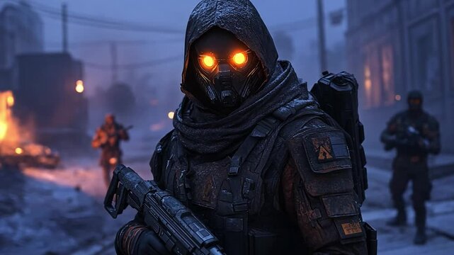 Cold War Soldier: A hooded soldier with glowing eyes stands in the snow-covered city, armed and ready for battle.