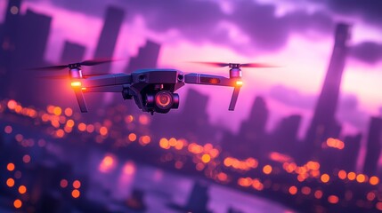 Close-up of a drone flying over a city skyline at dusk, with illuminated city lights and a vibrant purple sky