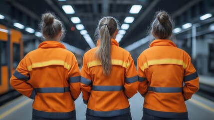 Three women in orange work jackets stand with their backs to the camera at a train station, showcasing non-traditional professions