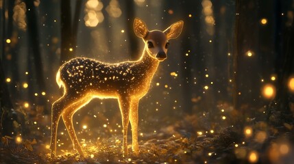 Glowing magical fawn illuminated by golden sparkles in an enchanting forest during a serene twilight.