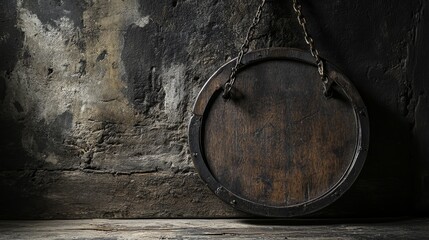 Fototapeta premium A rustic wooden shield hangs against a weathered wall, evoking a sense of history.