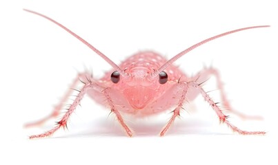 Close-up of a pink insect on white background.