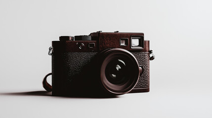 Classic brown camera with a retro design, made from quality materials, featuring metal elements, leather accents, and traditional round lenses, evoking vintage photography and refined style.