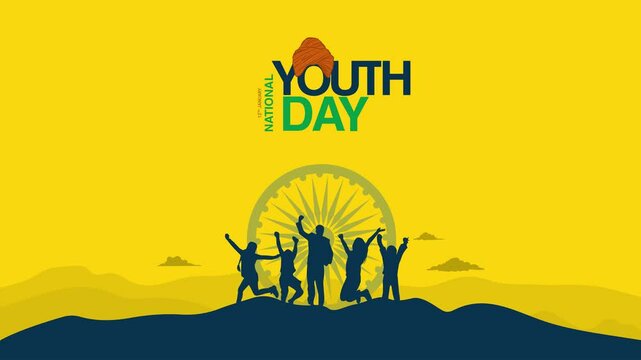 January 12, Video of Happy Indian National Youth Day logo background design, greeting card, Social Media profile cover post, Youth Day concept idea celebration Indian National Youth Day