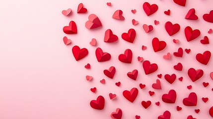 Cute red paper cut hearts scattered across a pastel pink table, ideal for designing personalized Valentineâ€™s Day or Motherâ€™s Day greeting cards