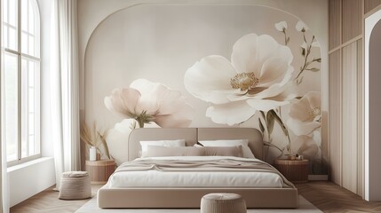 Elegant bedroom with soft neutral tones, featuring a floral mural, minimalist furniture, and natural light.