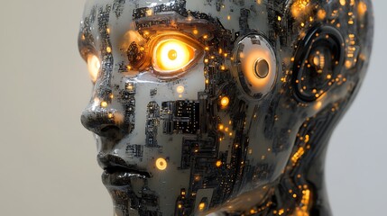 Cybernetic humanoid head embedded with advanced AI circuits and luminous details