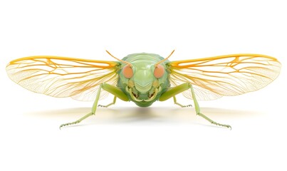 Fototapeta premium Close-up of a green cicada with orange-veined wings on a white background.