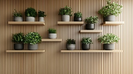Fototapeta premium Modern vertical garden setup with wooden shelves and various green plants in stylish pots against a slatted wood wall.