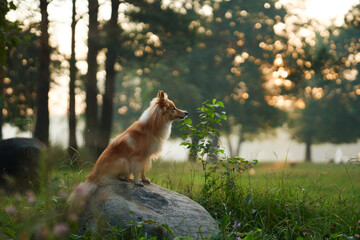 A Collie sitting gracefully on a rock surrounded by grass and morning light. The peaceful...