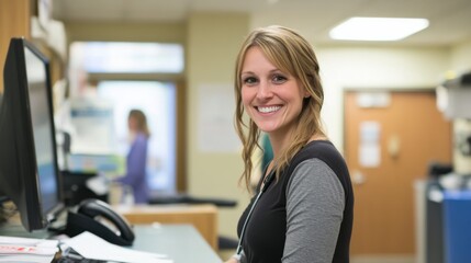 Obraz premium Smiling Healthcare Professional in Modern Office Setting